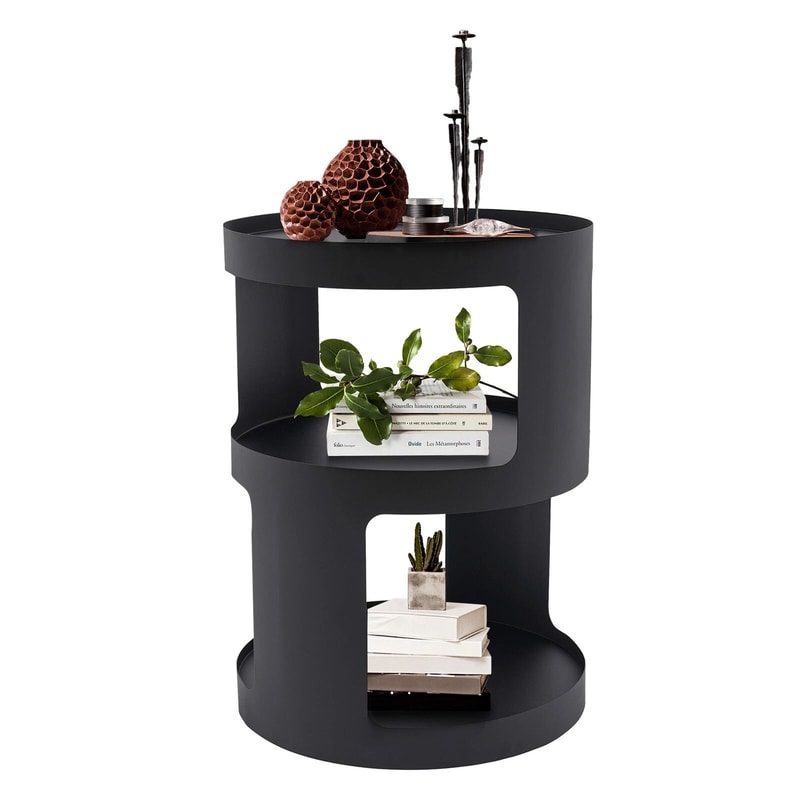 Modern 2 Tier Round Side Table Black Nightstand For Sofa And Bedroom Storage 17