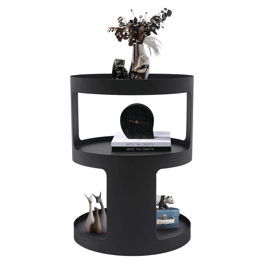 Modern 2 Tier Round Side Table Black Nightstand For Sofa And Bedroom Storage 18