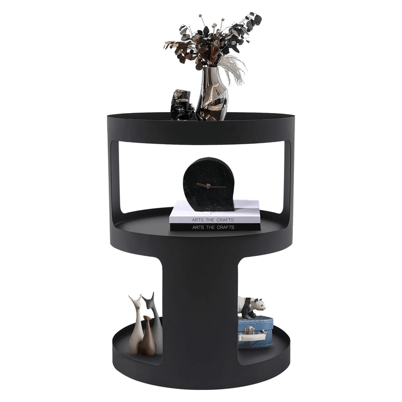 Modern 2 Tier Round Side Table Black Nightstand For Sofa And Bedroom Storage 18