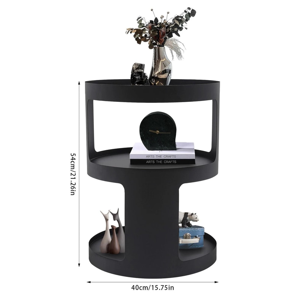 Modern 2 Tier Round Side Table Black Nightstand For Sofa And Bedroom Storage 19
