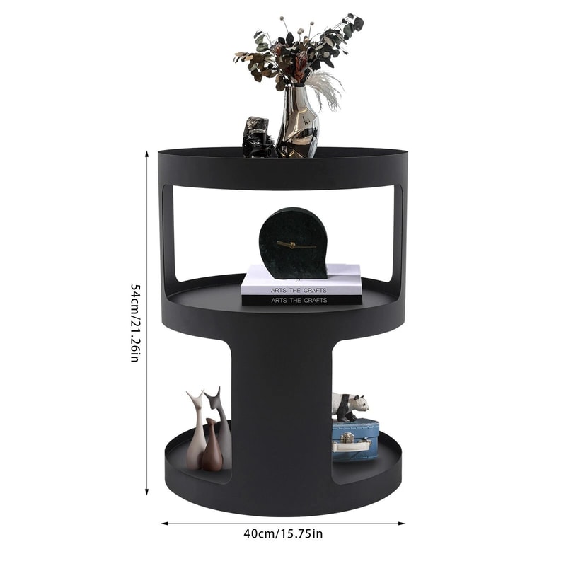 Modern 2 Tier Round Side Table Black Nightstand For Sofa And Bedroom Storage 19