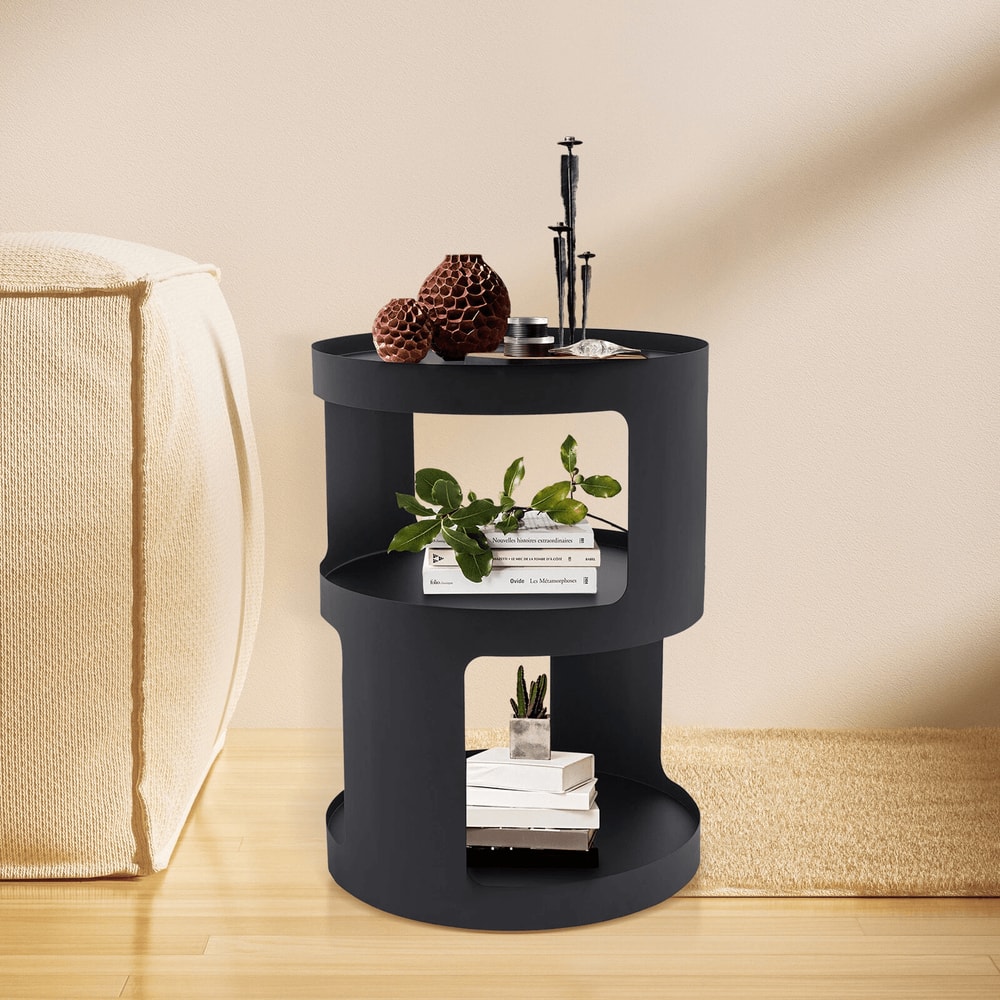 Modern 2 Tier Round Side Table Black Nightstand For Sofa And Bedroom Storage 0