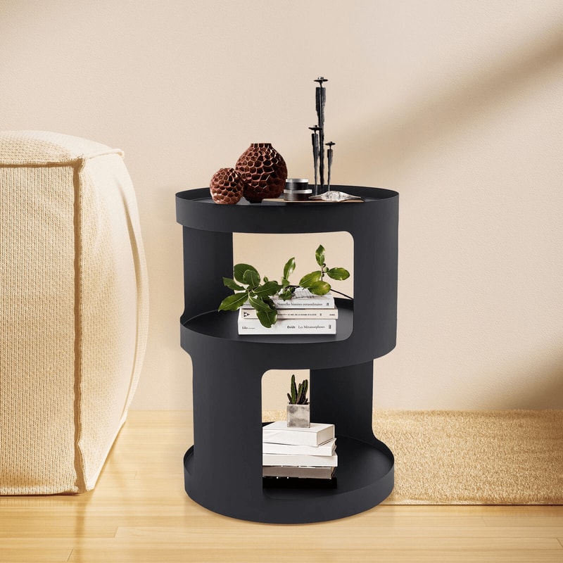 Modern 2 Tier Round Side Table Black Nightstand For Sofa And Bedroom Storage 0