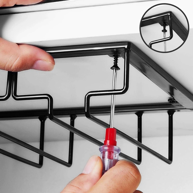 3 Row Under Cabinet Wine Glass Rack Black Metal Stemware Holder For Bar Kitchen 1