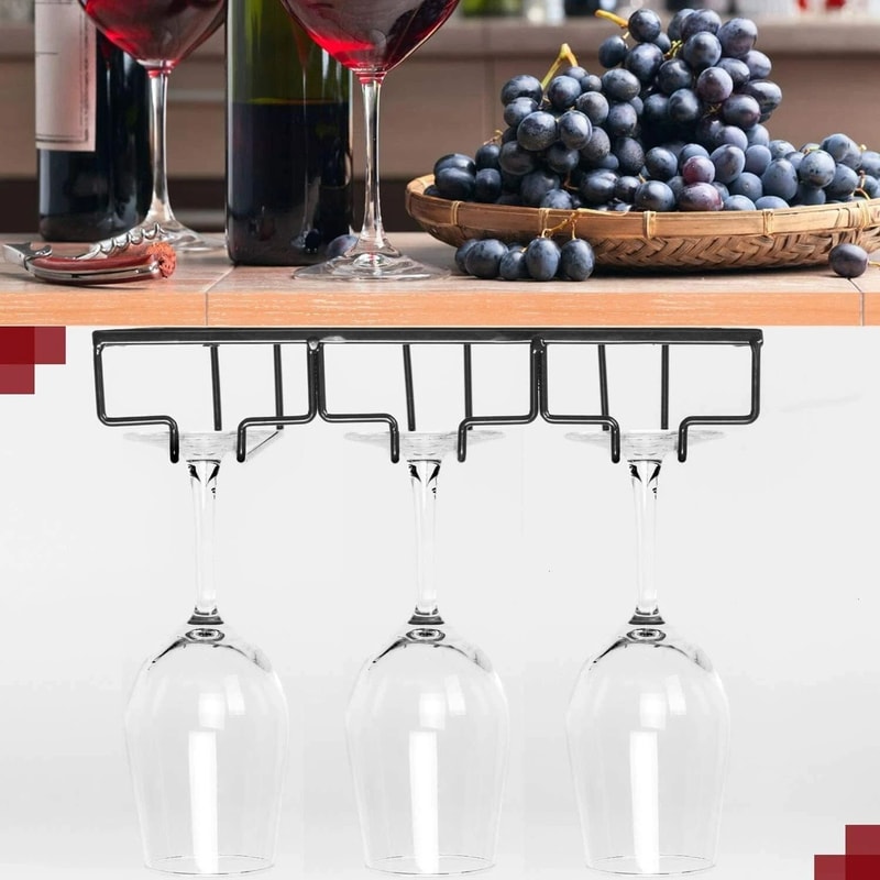 3 Row Under Cabinet Wine Glass Rack Black Metal Stemware Holder For Bar Kitchen 3