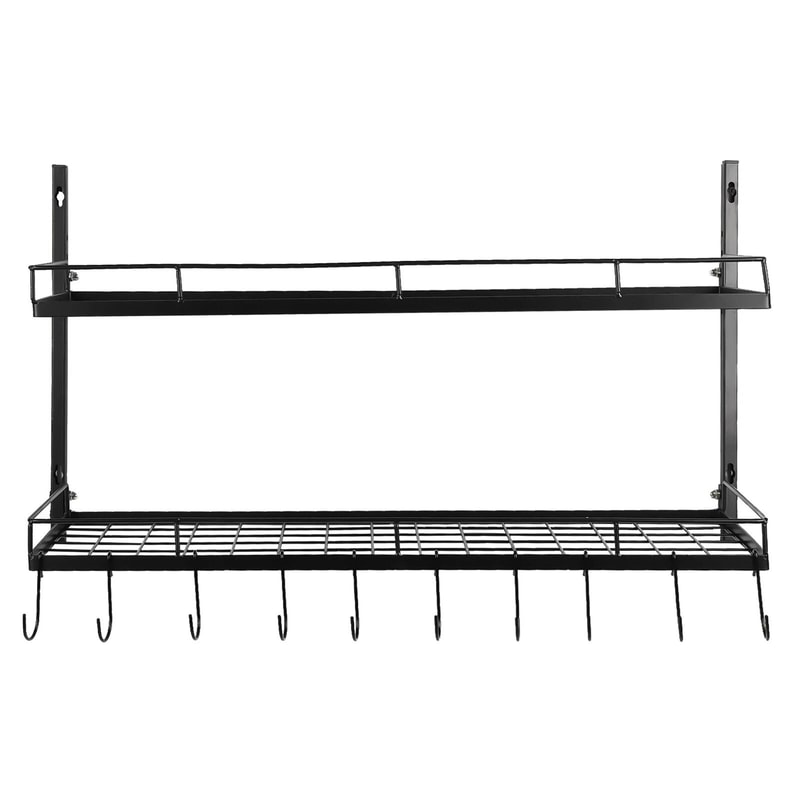 2 Tier Wall Mounted Pot Rack With 10 Hooks For Pots Pans Kitchen Storage 2