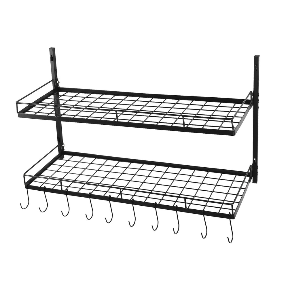 2 Tier Wall Mounted Pot Rack With 10 Hooks For Pots Pans Kitchen Storage 3