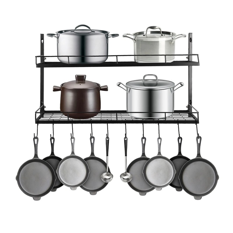 2 Tier Wall Mounted Pot Rack With 10 Hooks For Pots Pans Kitchen Storage 11