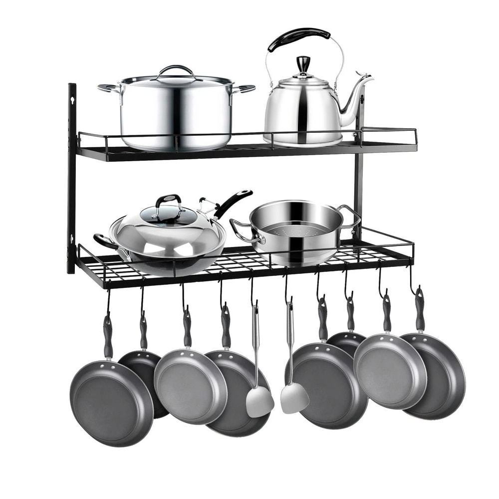 2 Tier Wall Mounted Pot Rack With 10 Hooks For Pots Pans Kitchen Storage 12
