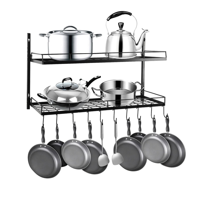 2 Tier Wall Mounted Pot Rack With 10 Hooks For Pots Pans Kitchen Storage 12