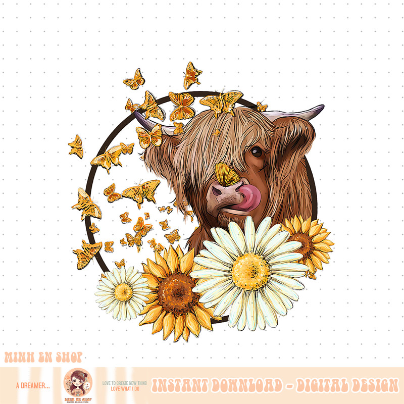 Highland Cow With Sunflower Daisies Butterflies Farm Western PNG Download.jpg