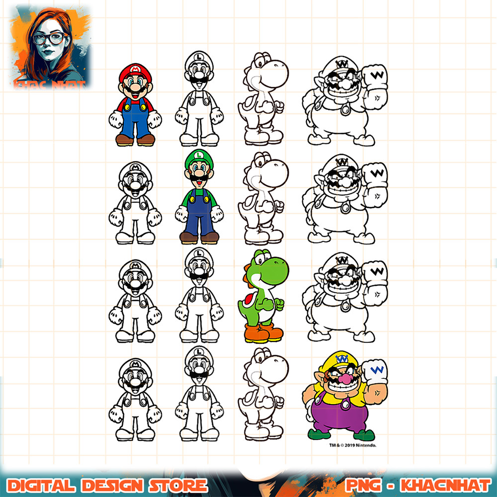 Super Mario Luigi Yoshi Wario Outlines Group Premium png, digital download, instant .jpg