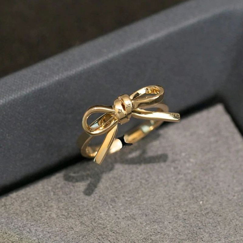 Sparkling Bow Ring 18K Gold Finish 925 Sterling Silver Ring Cute Ribbon 0