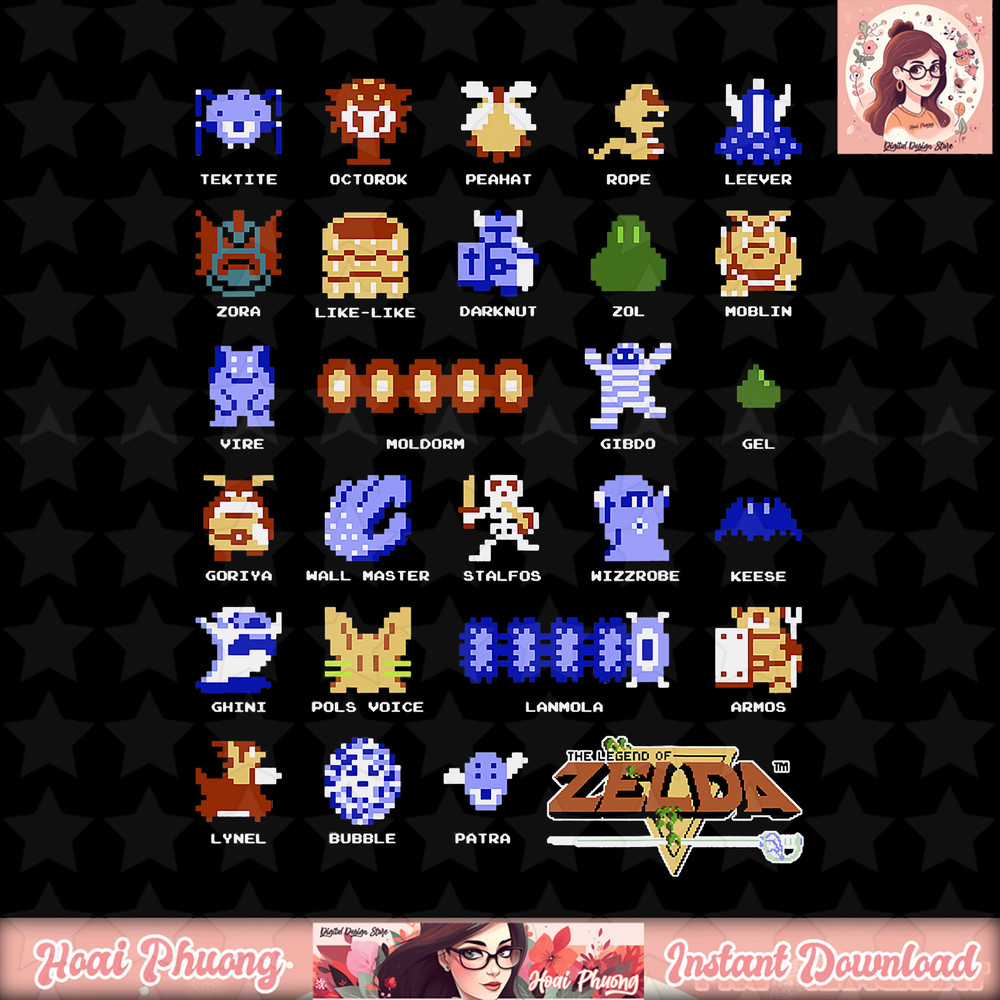 Legend Of Zelda Character Pixel Art Portrait Grid T-Shirt .jpg