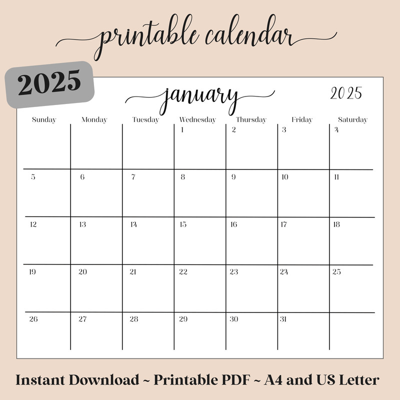 2025 Calendar PDF Printable Digital Download Calendar 2025 Yearly Calendar Wall Calendar Desk Ca
