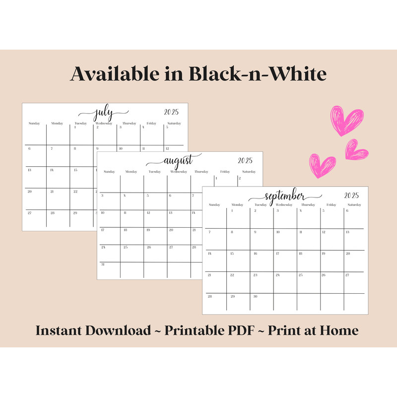 2025 Calendar PDF Printable Digital Download Calendar 2025 Yearly Calendar Wall Calendar Desk Ca