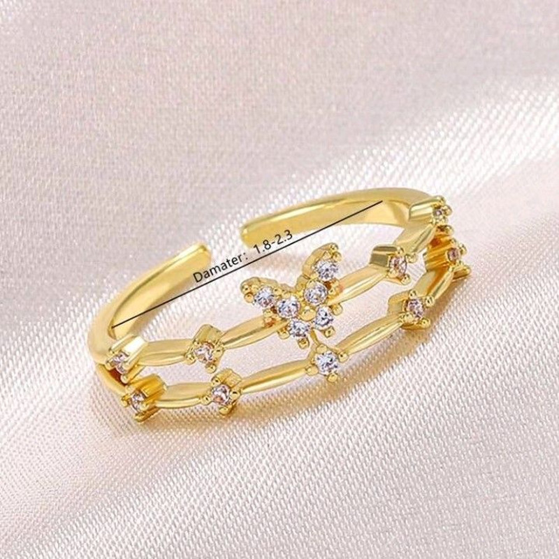 Women Cubic Zirconia Flower Decor Cuff Ring 2