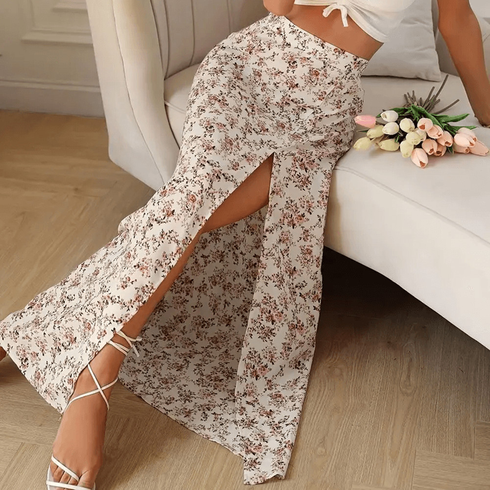 Ditsy Floral Print Split Thigh Skirt Maxi Women Outfit 1