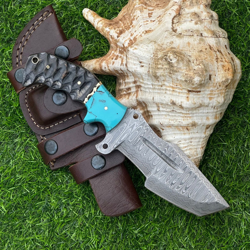 CUSTOM HANDMADE DAMASCUS HUNTING KNIFE TRACKER KNIFE LEATHER SHEATH UN7513 0