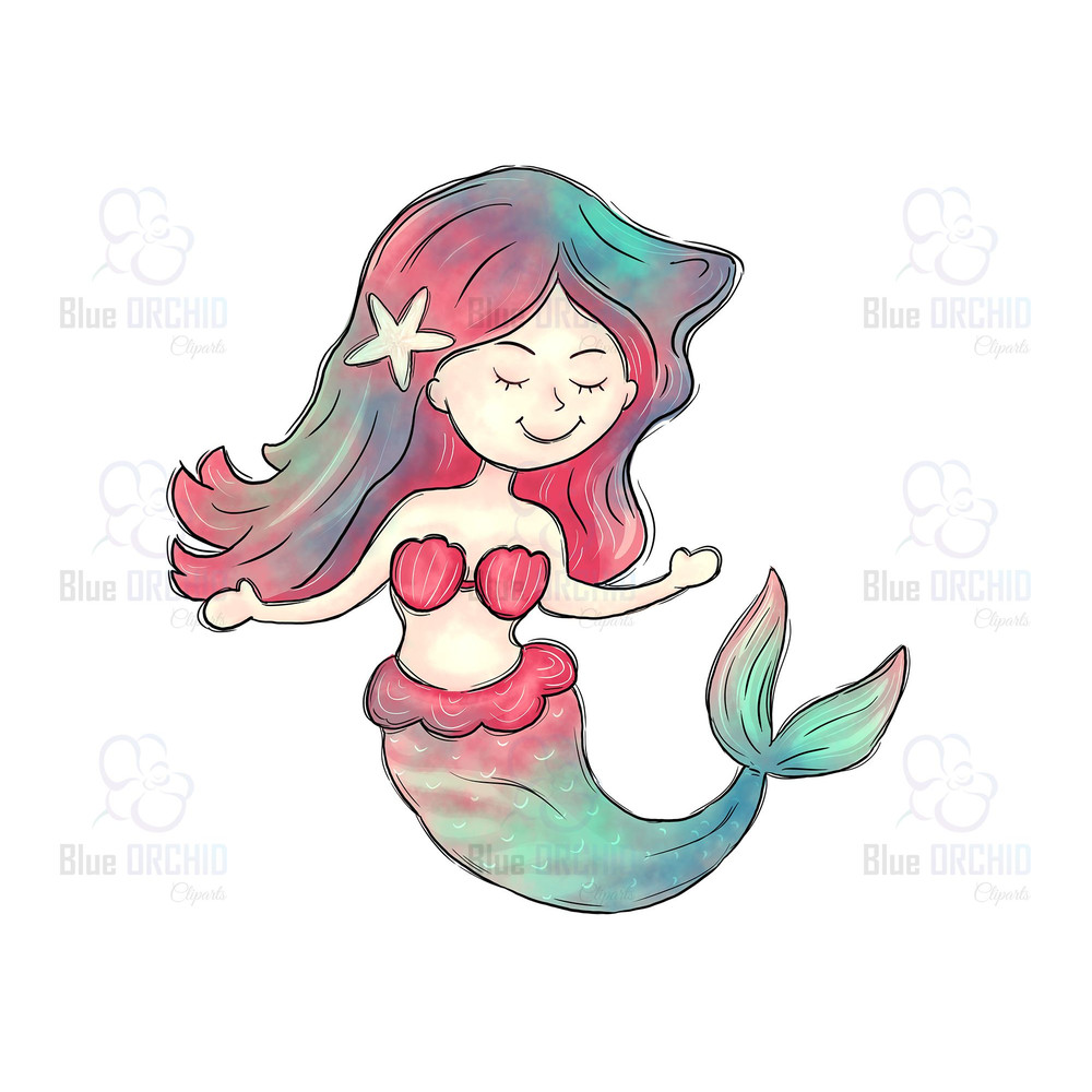 Cartoon Mermaid Nursery Clipart Hand Drawn Sublimation Design 0