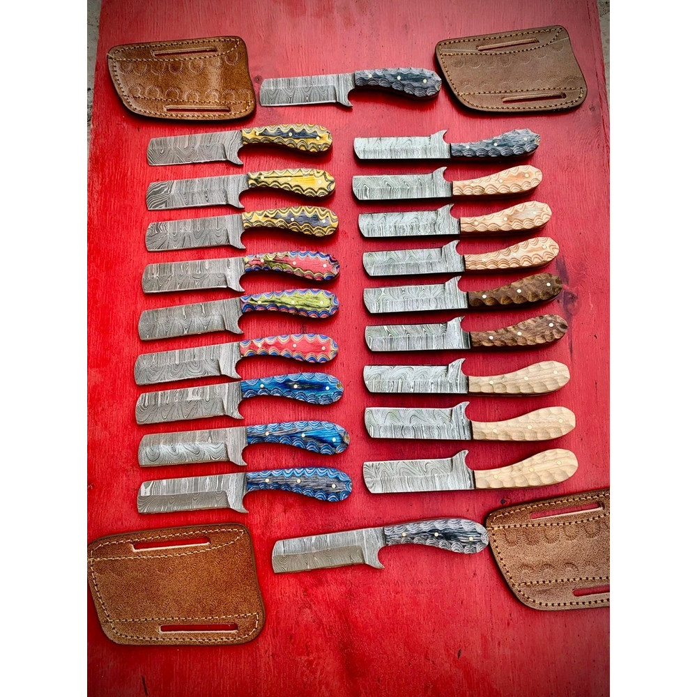 LOT OF 20 6 INCH HANDMADE DAMASCUS STEEL BULL CUTTER SKINNER KNIFE WSHEATH 11