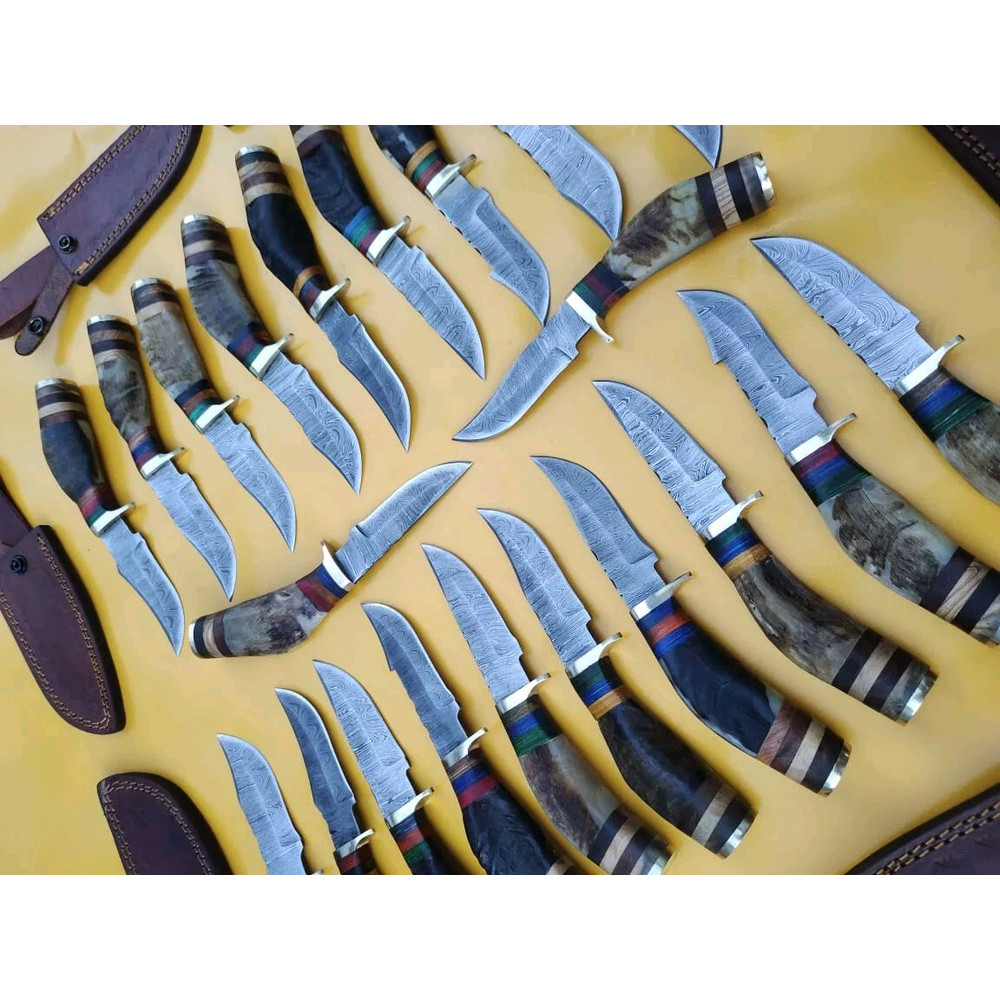 Lot Of 20 6 Inch Handmade Damascus Steel Skinner Knives Ram Horn Free Sheath 9