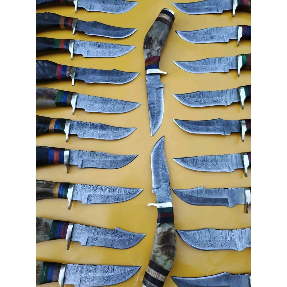 Lot Of 20 6 Inch Handmade Damascus Steel Skinner Knives Ram Horn Free Sheath 10