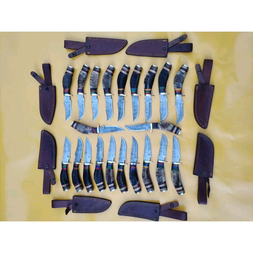 Lot Of 20 6 Inch Handmade Damascus Steel Skinner Knives Ram Horn Free Sheath 1