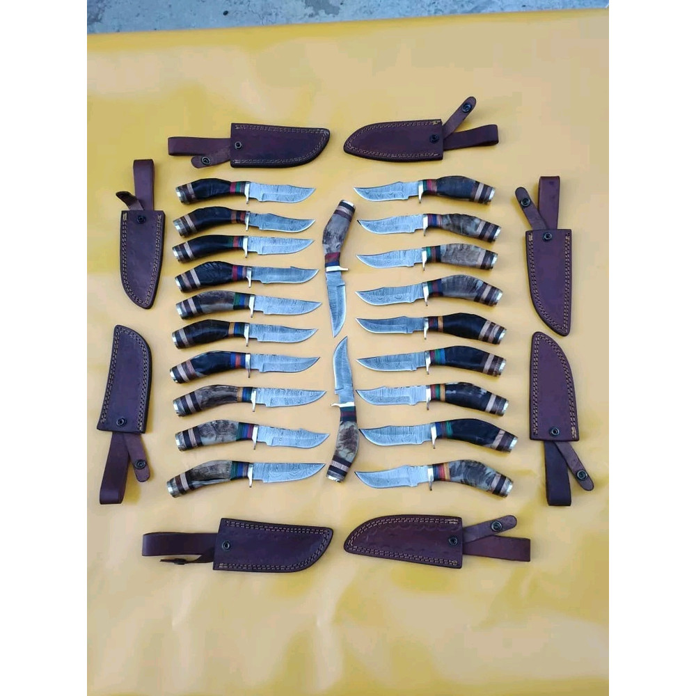 Lot Of 20 6 Inch Handmade Damascus Steel Skinner Knives Ram Horn Free Sheath 2