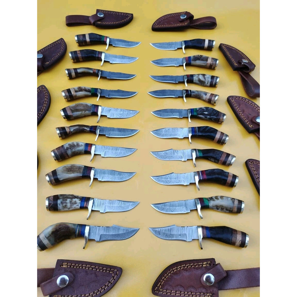 Lot Of 20 6 Inch Handmade Damascus Steel Skinner Knives Ram Horn Free Sheath 3