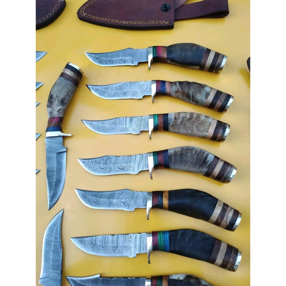Lot Of 20 6 Inch Handmade Damascus Steel Skinner Knives Ram Horn Free Sheath 6