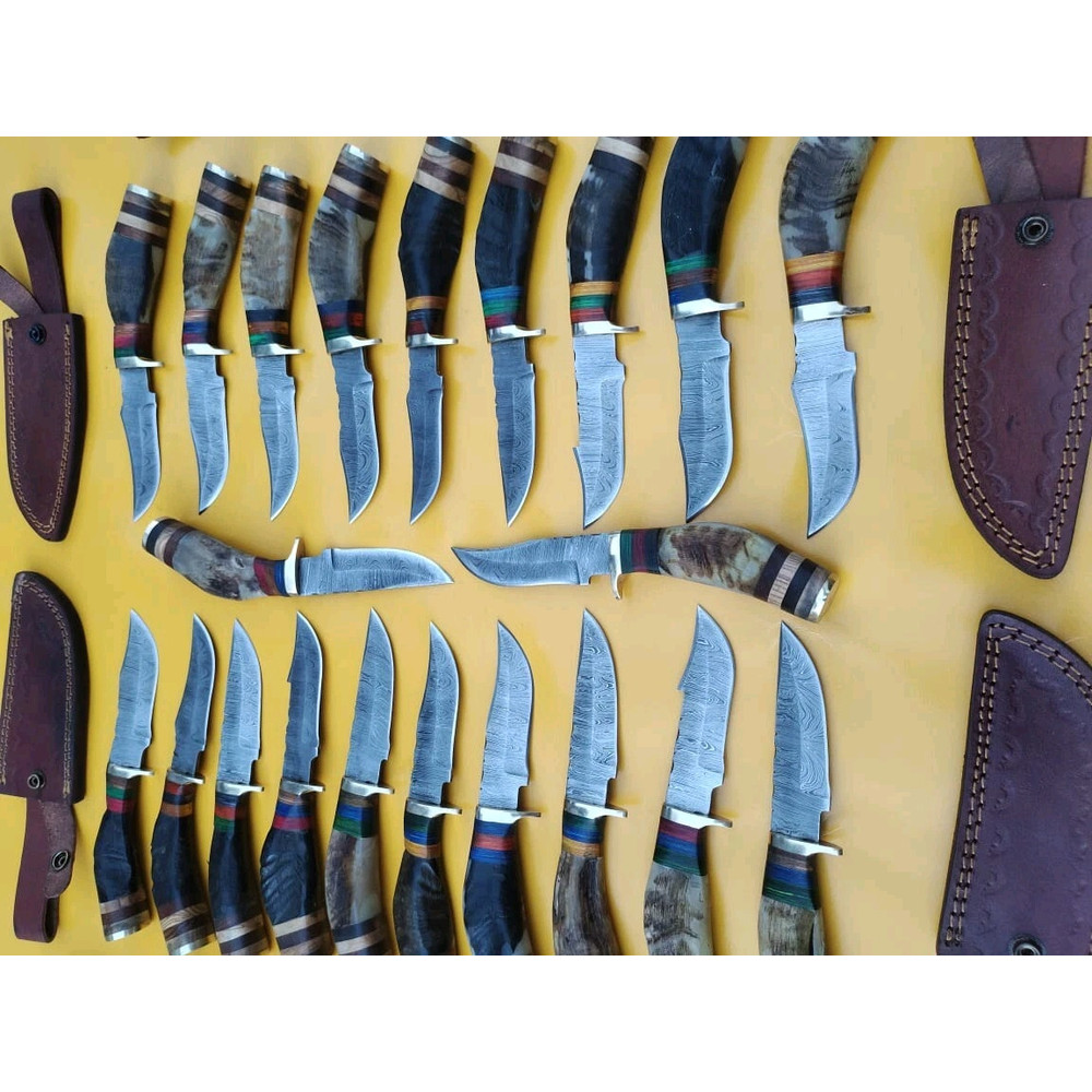 Lot Of 20 6 Inch Handmade Damascus Steel Skinner Knives Ram Horn Free Sheath 8