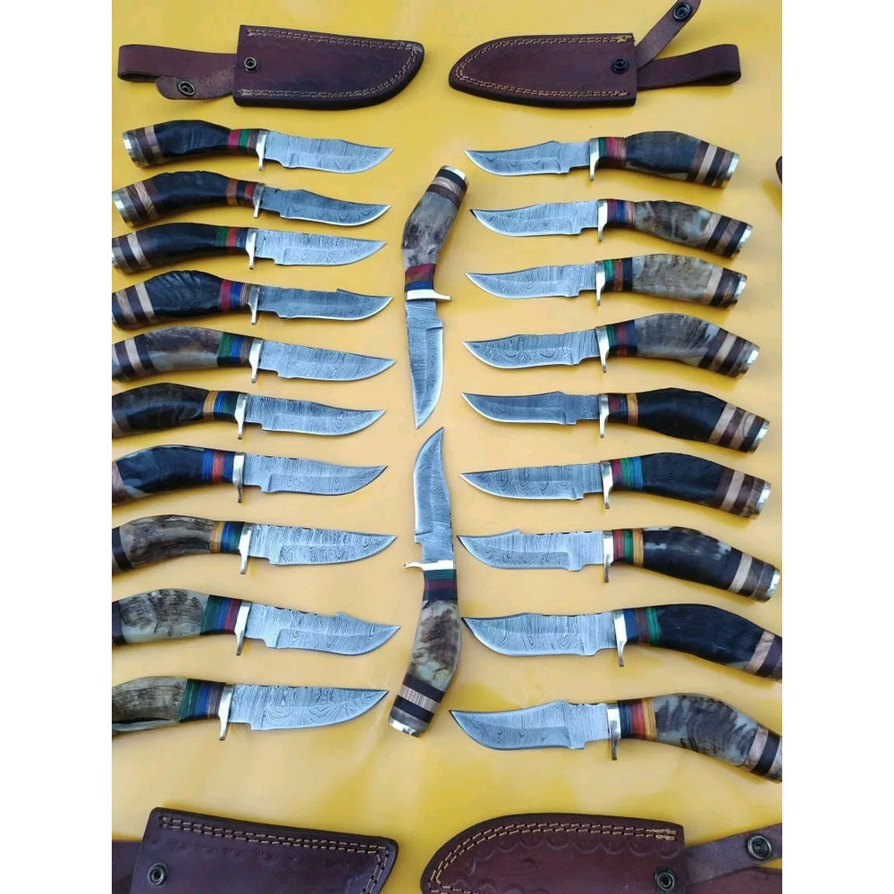 Lot Of 20 6 Inch Handmade Damascus Steel Skinner Knives Ram Horn Free Sheath 11