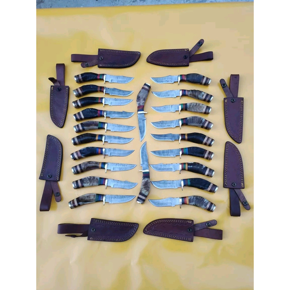 Lot Of 20 6 Inch Handmade Damascus Steel Skinner Knives Ram Horn Free Sheath 14