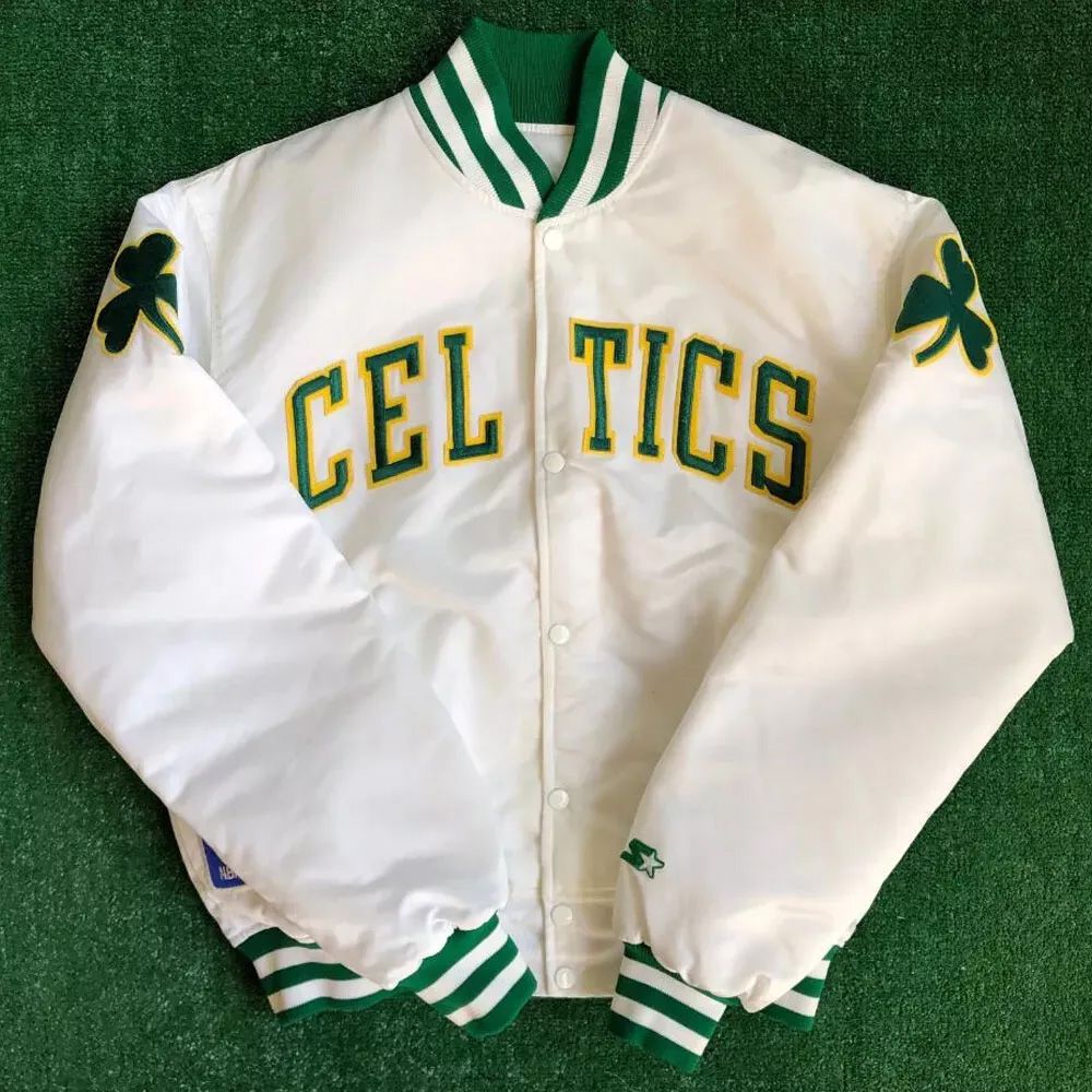 Vintage Boston Celtics White Satin FullSnap Varsity Bomber Jacket  NBA Unisex Sportswear