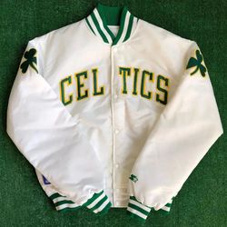 vintage boston celtics white satin full-snap varsity bomber jacket – nba basketball apparel stylish & comfortable jacket