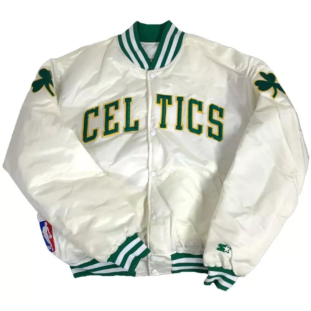 Unisex Boston Celtics White Satin FullSnap Varsity Jacket  Vintage NBA Bomber Sportswear