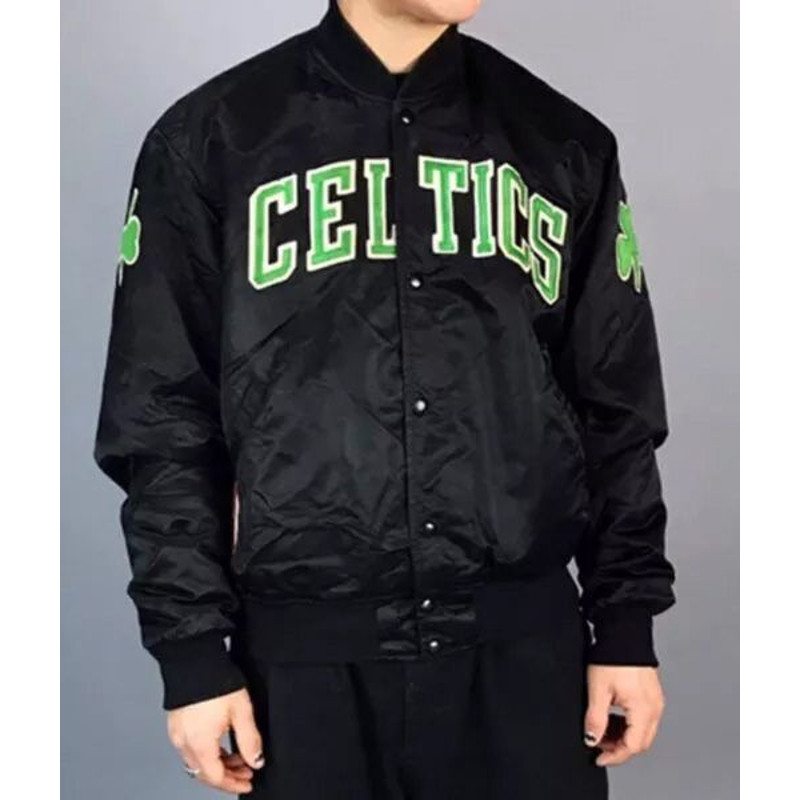 Boston Celtics Satin Varsity Bomber Jacket FullSnap NBA Apparel for Men Women Fan