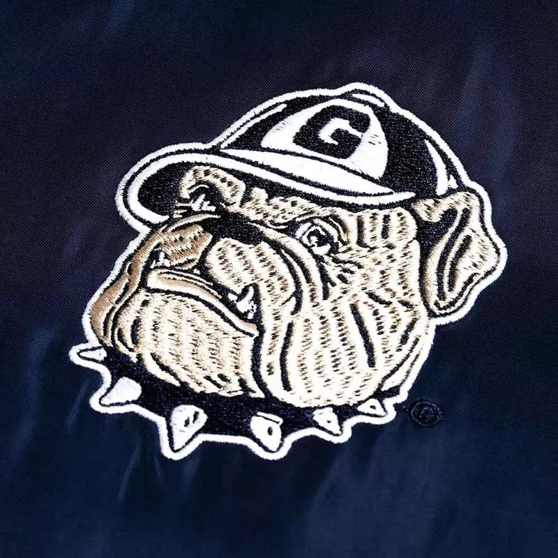 Georgetown Hoyas Navy Blue Satin Varsity Jacket  FullSnap Ribbed Cuffs Perfect for Game Days