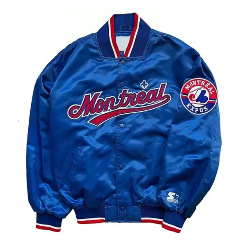 Vintage 90s Montreal Expos FullSnap Satin Blue Bomber Jacket MLB Varsity Baseball Outerwear