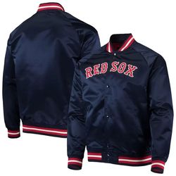 mlb boston red sox navy satin varsity jacket | full-snap raglan letterman style | perfect for fans & game day
