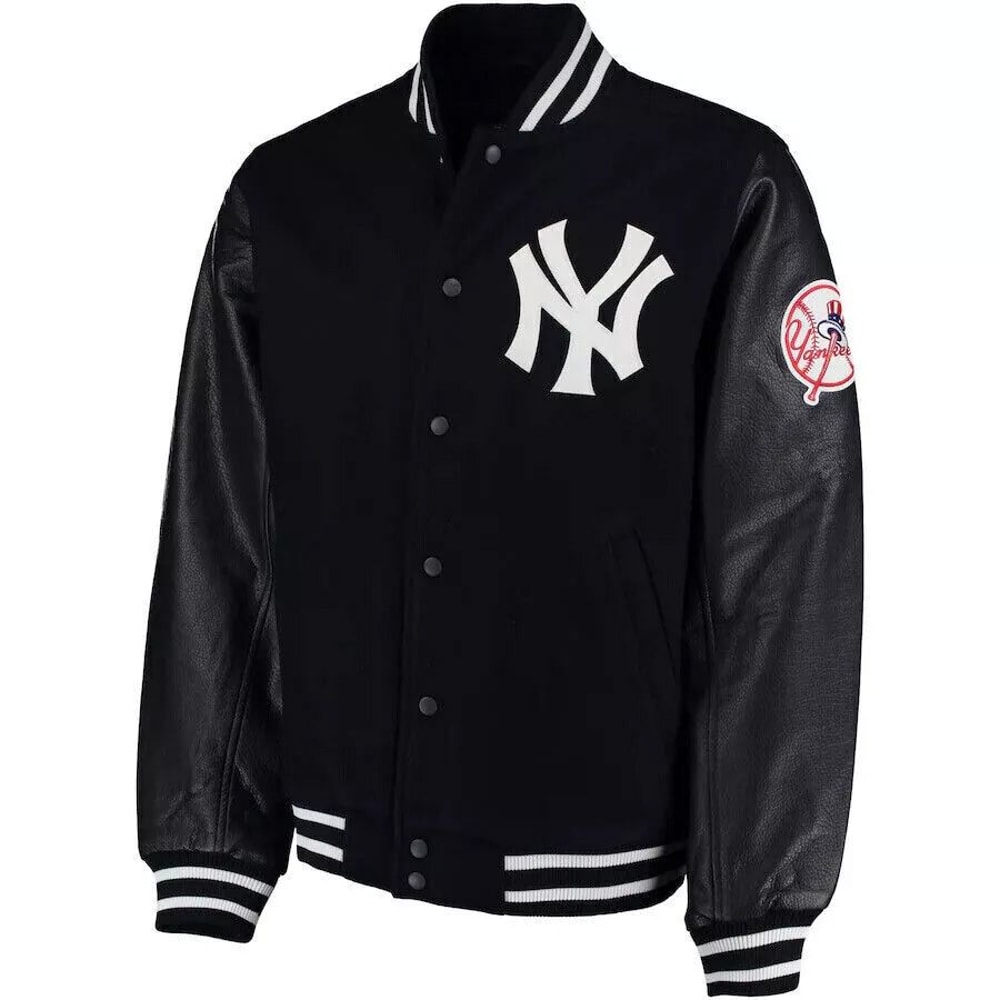 NY Yankees Black Letterman Jacket with embroidered logo and classic varsity style for fans