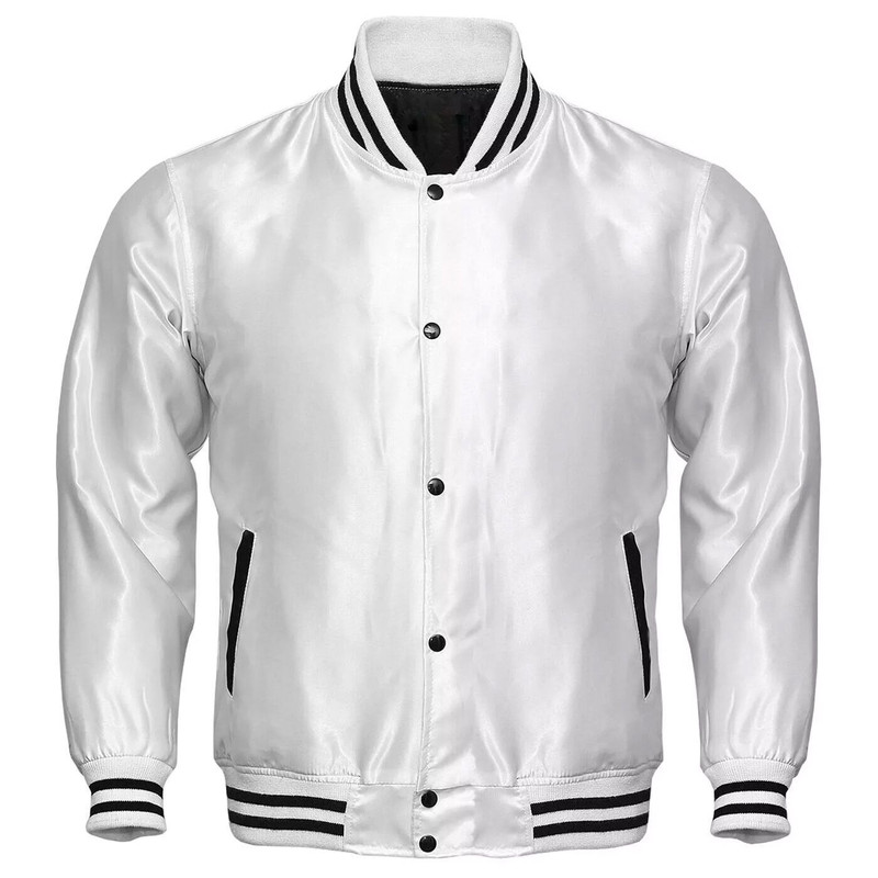White Satin Varsity Jacket SnapUp Design Stylish Comfortable Perfect for Any Occasion