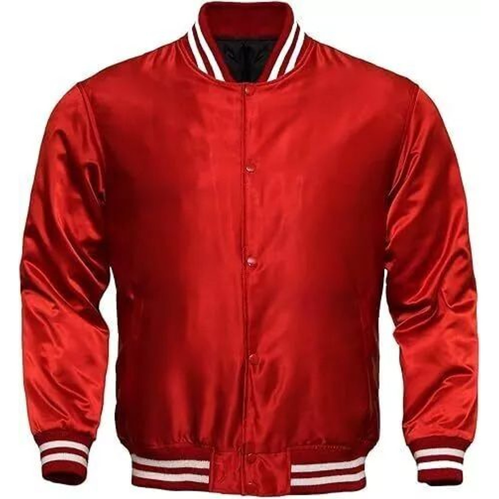 Bold red satin varsity jacket with ribbed cuffs and collar for a classic look