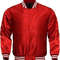Bold red satin varsity jacket with ribbed cuffs and collar for a classic look