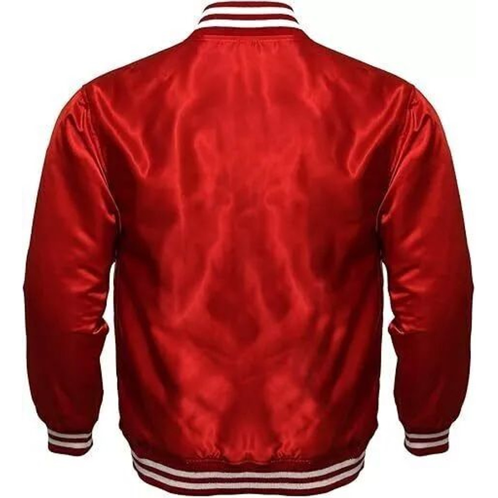 Unisex red satin varsity jacket perfect for casual and sporty outfits