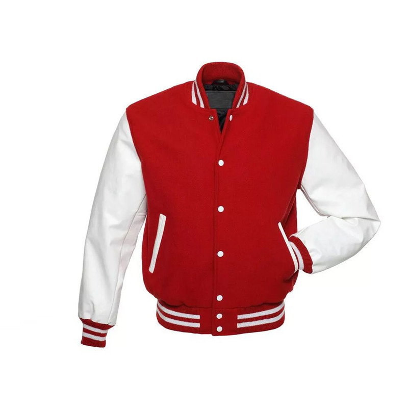 Red wool body varsity jacket with white leather sleeves fullsnap closure and ribbed collar