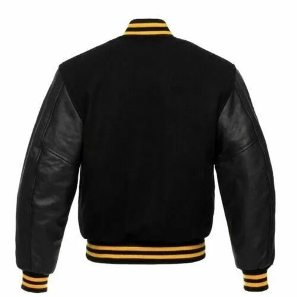 Stylish black wool varsity jacket with leather sleeves ribbed cuffs and classic design