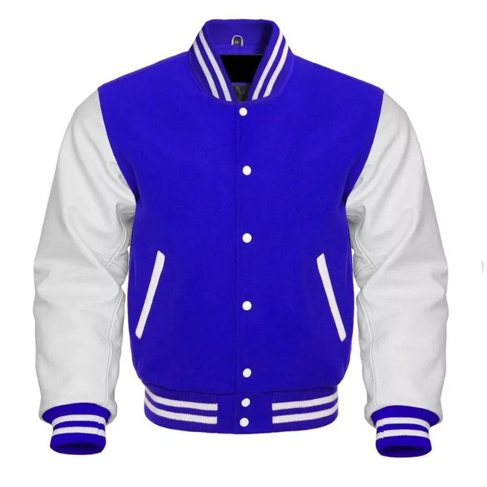 Mens Varsity Jacket with Leather Sleeves and Wool Body Baseball Bomber College Jacket