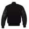 Custom varsity baseball jacket with black leather sleeves and striped ribknit cuffs